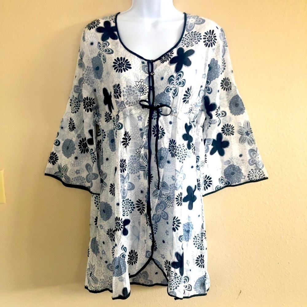 Peppermint Bay Floral Empire Waist Semi-Sheer Bell Sleeves Swimsuit Cover-Up M